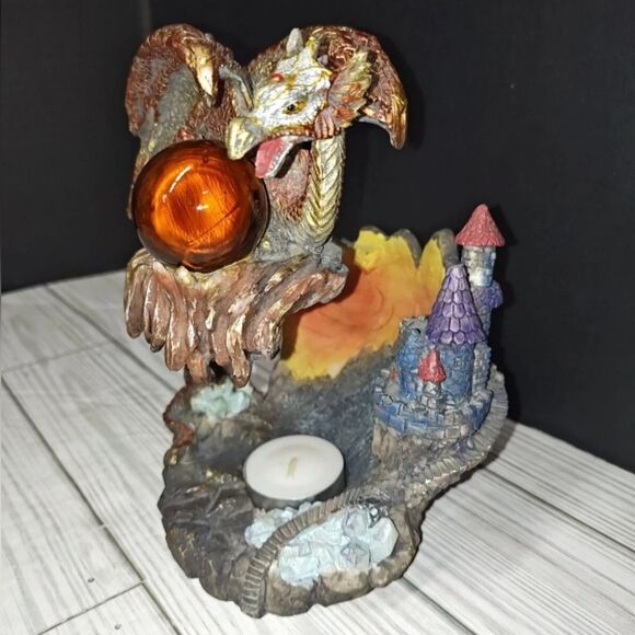 Vintage Red Gold Mythical Fantasy Perched Dragon Castle Tea Light Candle Holder - Picture 5 of 12